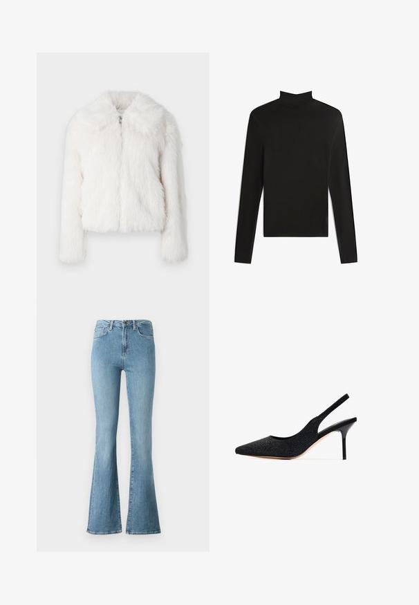 Hvid kunstpelsjakke med en blød, fluffy tekstur, cropped design og bred krave. Har en frontlynlås og lange ærmer.; Sort langærmet turtleneck top lavet af et glat, strækbart stof. Har en tætsiddende silhuet og minimale sømme for et rent design.; Lysblå denim jeans med høj talje og flared ben, med forlommer og knaplukning.; Sort slingback pumpe med spids tå, prydet med rhinsten. Har et strømlinet design, høj stilettosandalhæl og en glat indvendig foring.