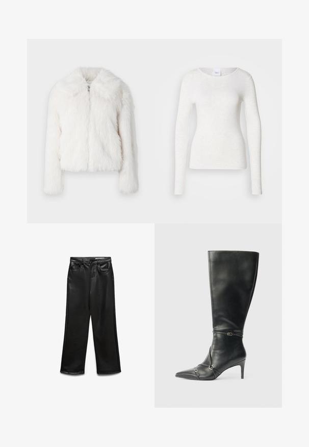 Witte nepbontjacket met een zachte, fluffy textuur, cropped ontwerp en brede kraag. Voorzien van een ritssluiting aan de voorkant en lange mouwen.; Wit T-shirt met lange mouwen van een zachte, lichtgewicht stof, met een ronde halslijn en een aansluitende pasvorm, met een subtiele textuur.; Zwarte wijde broek van imitatieleer met voorzakken, riemlussen en subtiele glans. Soepele textuur en nauwsluitende pasvorm.; Zwarte leren kniehoge laarzen met een slanke hak, puntige neus en banddetail bij de enkel. Gladde textuur en aansluitend ontwerp.