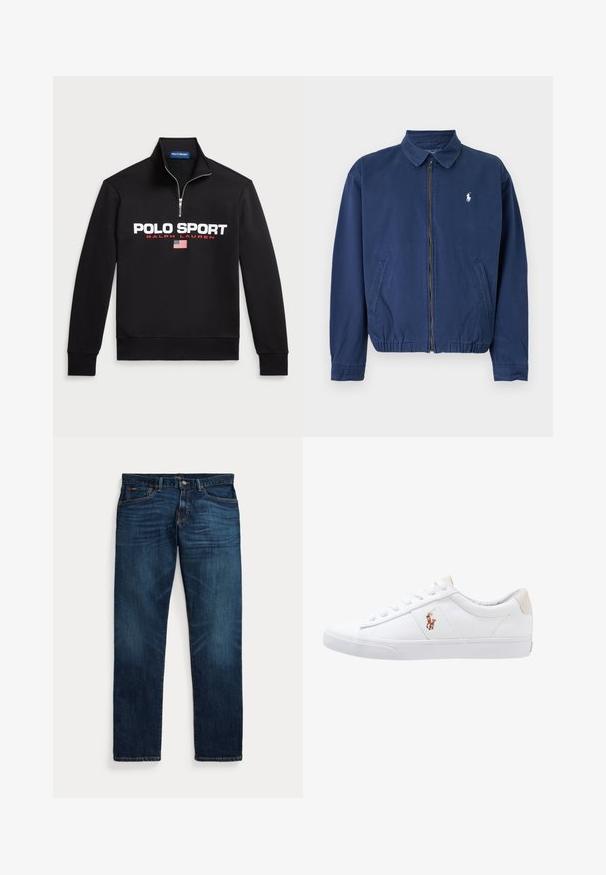 Marineblaue Jacke mit Reißverschluss und Kragen, zwei Vorderentaschen, elastischem Saum und kleinem weißen Logo auf der linken Brust.; Schwarzer Zip-Hoodie aus weichem Stoff mit großem weißen "POLO SPORT"-Logo, roten Akzenten und einer kleinen amerikanischen Flagge.; Dunkelblaue Jeans aus Denim mit leichter Verblassung an Oberschenkeln und Taschen, Knopf- und Reißverschluss sowie Fünf-Taschen-Design, flach auf weißem Hintergrund ausgelegt.; Weiße Leinensneaker im Low-Top-Design mit einem beigen Ferseneinsatz und einem kleinen gestickten Logo an der Seite. Gummisohle.
