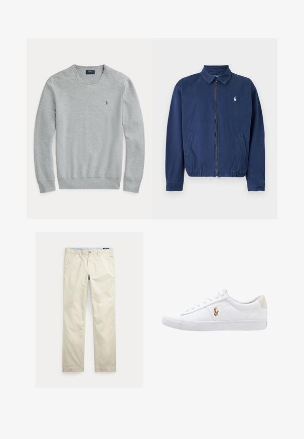 Marineblauwe jas met rits en kraag, twee voorzakken, elastische zoom en klein wit logo op de linkerborst.; Lichtgrijze gebreide trui met lange mouwen en ronde hals, geribde manchetten en zoom, en klein geborduurd Polo Ralph Lauren-logo op de borst.; Beige katoenen broek met rechte pijpen, riemlussen, voorste knoop, ritssluiting en zijzakken.; Witte canvas sneakers met een laag ontwerp, featuring een beige hieltab en een klein geborduurd logo aan de zijkant. Rubber zool.