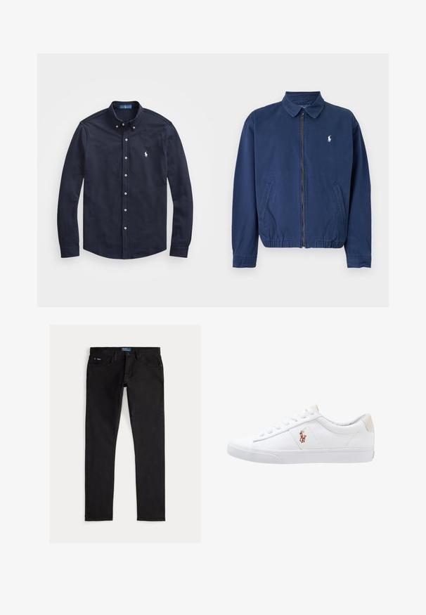 Chaqueta azul marino con cremallera y cuello, dos bolsillos delanteros, dobladillo elástico y pequeño logo blanco en el pecho izquierdo.; Camisa de manga larga color navy, con botones en la parte frontal y un pequeño logo blanco en el lado izquierdo del pecho, confeccionada en suave tela de algodón.; Vaqueros negros de mezclilla con un ajuste slim, que cuentan con cinco bolsillos, trabillas para cinturón y una etiqueta azul de la marca en la cintura. Tejido liso y duradero.; Zapatilla de lona blanca con diseño de corte bajo, que cuenta con un taco trasero beige y un pequeño logo bordado en el costado. Suela de goma.