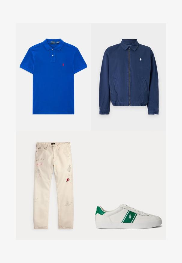 Marineblaue Jacke mit Reißverschluss und Kragen, zwei Vorderentaschen, elastischem Saum und kleinem weißen Logo auf der linken Brust.; Blaues kurzärmeliges Polohemd mit zwei Knöpfen, Kragen und kleinem roten gestickten Logo auf der linken Brust.; Beige Hose mit Fronttaschen und Gürtelschlaufen, versehen mit verblassten roten und schwarzen grafischen Drucken und Textdesigns auf beiden Beinen.; Weißer Sneaker in Low-Top-Form mit grünem Streifen und Polo-Logo an der Seite, grünem Fersenlaschen und weißen Schnürsenkeln, von der linken Seite vor neutralem Hintergrund dargestellt.
