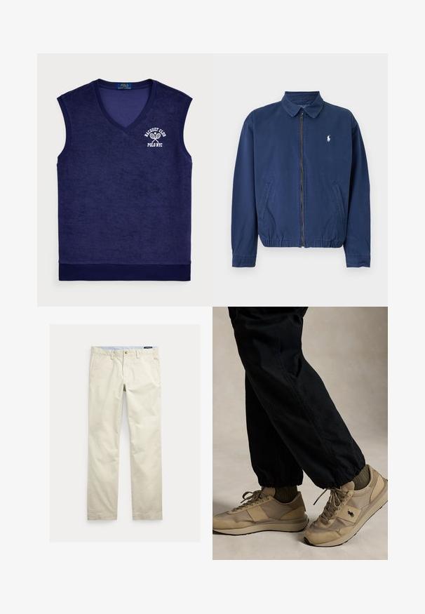 Söe sinine lukuga jakk kraega, kahe esitasku, elastse äärega ja väikese valge logoga vasakul rinnal.; Tumesinine ilma varrukateta polo särk froteematerjalist; sellel on V-kujuline kaelus, ribaga kaelus ja valge logo tennise reketitega.; Beežid sirge säärega puuvillased püksid vööaasade, eesnupu, luku ja küljetaskutega.; Inimene, kes kannab beeže paeltega tossusid musta logoga, oliivrohelisi sokke ja musti pükse elastsete mansettidega, seisab neutraalsel põrandal.