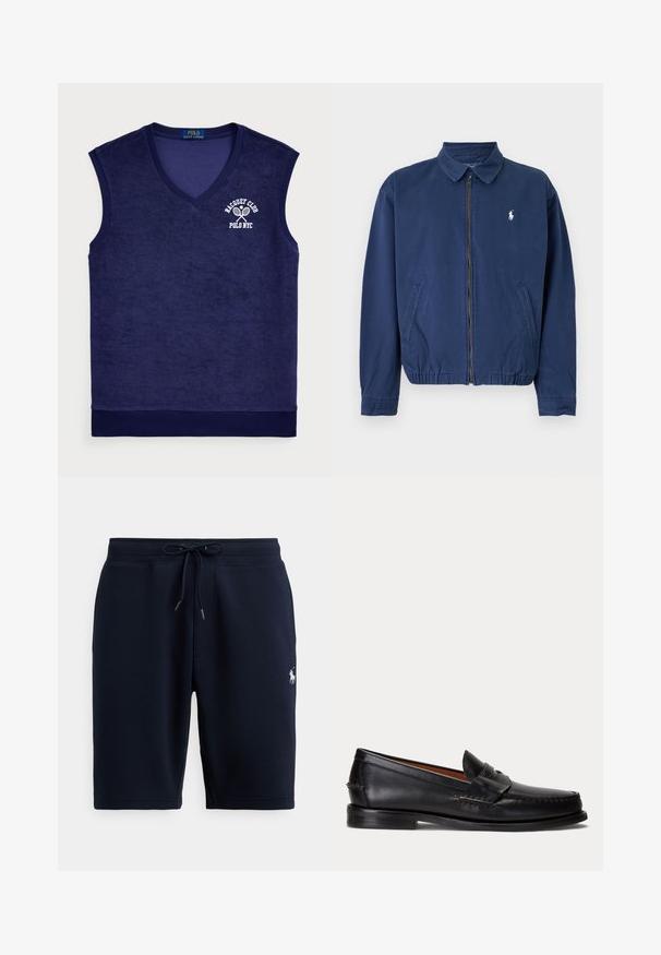 Veste bleu marine à fermeture éclair avec col, deux poches avant, ourlet élastique et petit logo blanc sur la poitrine gauche.; Polo sans manches bleu marine en tissu éponge ; présente un col en V, un col côtelé, et un logo blanc avec des raquettes de tennis.; Shorts de sport en coton bleu marine avec taille élastique, cordon de serrage et logo sur le côté gauche. Texture lisse, longueur au genou.; Mocassin en cuir noir avec un petit talon et une bride penny, vu de côté sur un fond gris clair.