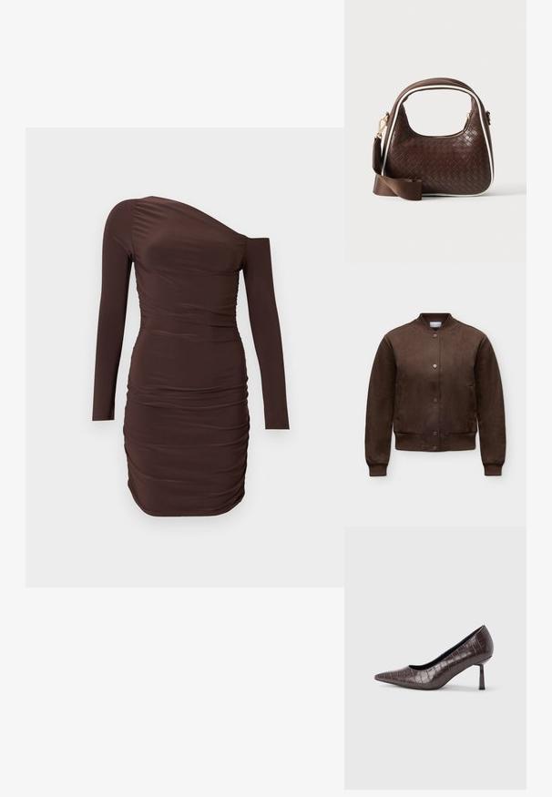 Veste bomber en daim marron avec boutons-pression, col, poignets et bas côtelés, présentée sur un fond clair uni.; Robe mini marron à une épaule avec fronces, manches longues et silhouette ajustée sur fond uni.; Escarpins à bout pointu en similicuir marron avec une texture crocodile, dotés d’un talon fin et angulaire ainsi que d’une doublure intérieure lisse.; Sac à main en cuir tressé marron avec passepoil blanc, fermeture éclair dorée et bandoulière amovible en tissu marron.