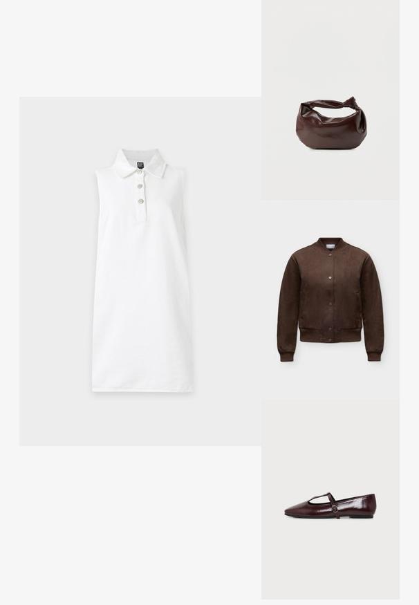 Veste bomber en daim marron avec boutons-pression, col, poignets et bas côtelés, présentée sur un fond clair uni.; Robe polo blanche sans manches avec un col et trois boutons sur la patte de boutonnage devant, sur fond gris clair.; Chaussure plate en cuir bordeaux foncé avec un bout pointu et une fine bride en T avec une boucle argentée sur fond blanc.; Sac bandoulière en cuir marron foncé avec une forme souple et décontractée et une anse nouée torsadée sur un fond blanc uni.