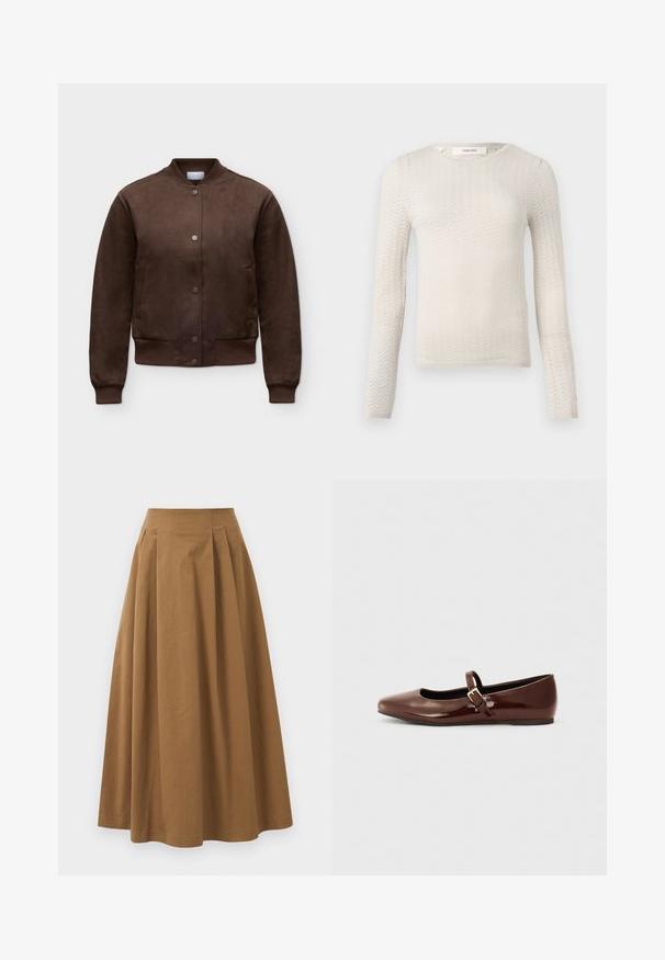 Veste bomber en daim marron avec boutons-pression, col, poignets et bas côtelés, présentée sur un fond clair uni.; Pull en tricot écru à manches longues avec un motif en chevrons subtil et un col rond, étiqueté "Selected" au col.; Jupe A-line en coton brun avec taille haute, dotée de plis sur le devant et d'une texture lisse. Les finitions de l'ourlet sont nettes et simples.; Ballerine en cuir verni marron avec un bout carré et une lanière ornée d'une petite boucle dorée. Texture lisse, talon bas et design minimaliste.