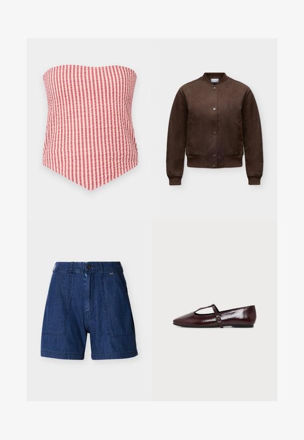 Veste bomber en daim marron avec boutons-pression, col, poignets et bas côtelés, présentée sur un fond clair uni.; Top tube sans bretelles en tissu rose et beige à rayures verticales avec un ourlet pointu à l'avant.; Shorts en denim bleu foncé avec poches plaquées à l'avant, passants pour ceinture et fermeture par bouton sur fond blanc.; Chaussure plate en cuir bordeaux foncé avec un bout pointu et une fine bride en T avec une boucle argentée sur fond blanc.