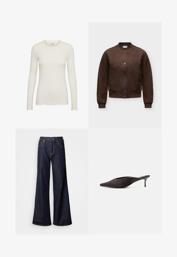 Veste bomber en daim marron avec boutons-pression, col, poignets et bas côtelés, présentée sur un fond clair uni.; Haut blanc à manches longues en maille côtelée avec col rond et bords légèrement volantés aux ourlets et aux poignets.; Jean à jambes larges en denim foncé, présentant une taille haute, cinq poches, des coutures blanches contrastantes et une texture lisse.; Mule noire à bout pointu, talon stiletto bas et finition lisse et élégante, vue de profil sur fond blanc.