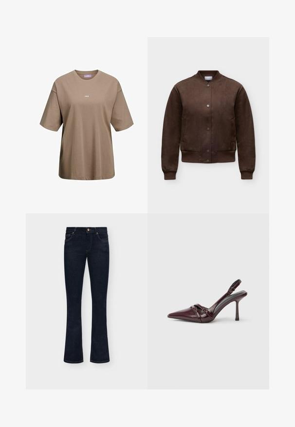 Veste bomber en daim marron avec boutons-pression, col, poignets et bas côtelés, présentée sur un fond clair uni.; T-shirt marron kaki à manches courtes en coton, avec un col rond et un petit logo blanc "JJXX" à l'avant.; Jean en denim bleu foncé avec une taille mi-haute, un bouton sur le devant et un léger évasement en bas sur un fond uni.; Escarpin slingback en cuir verni bordeaux avec bout pointu, fine bride à la cheville et petit détail décoratif de boucle. Texture lisse et talon haut.