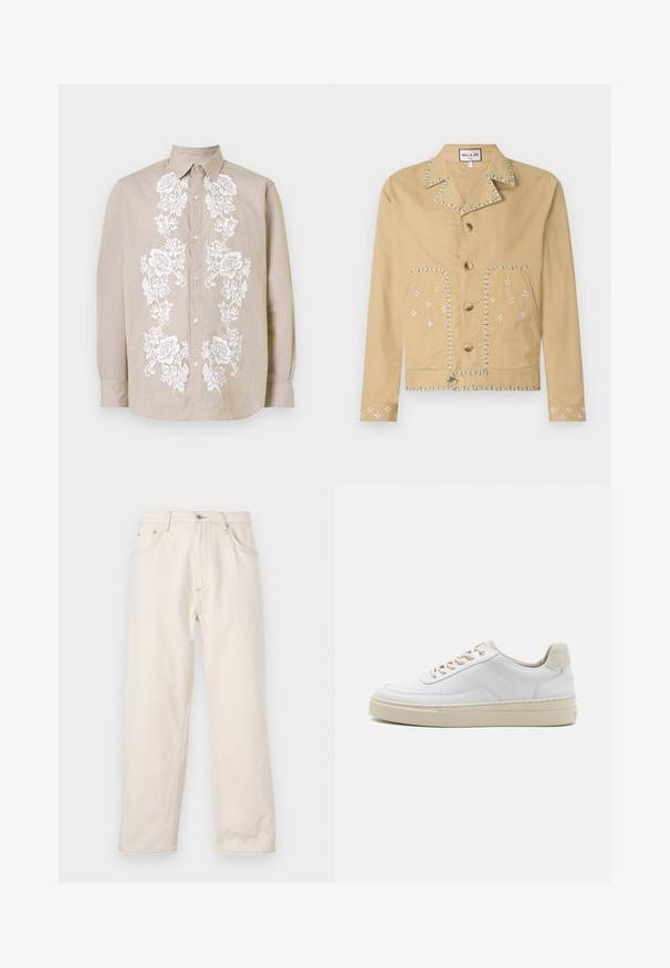 Tan bomuldsjakke med slagkrave, fem knapper og broderede blomstermønstre i hvidt og blåt på lommer og ærmer.; Lys beige skjorte med knapper og hvid blomsterbroderi ned af fronten. Har en klassisk krave og lange ærmer med knapmanchetter.; Beige lige jeans i denim med knaplukning, fem lommer og synlige syninger. Glat tekstur.; Hvide sneakers med en glat læderoverdel, beige snørebånd og en tekstureret beige ruskindsheel-tab. Hævet sål for ekstra højde.