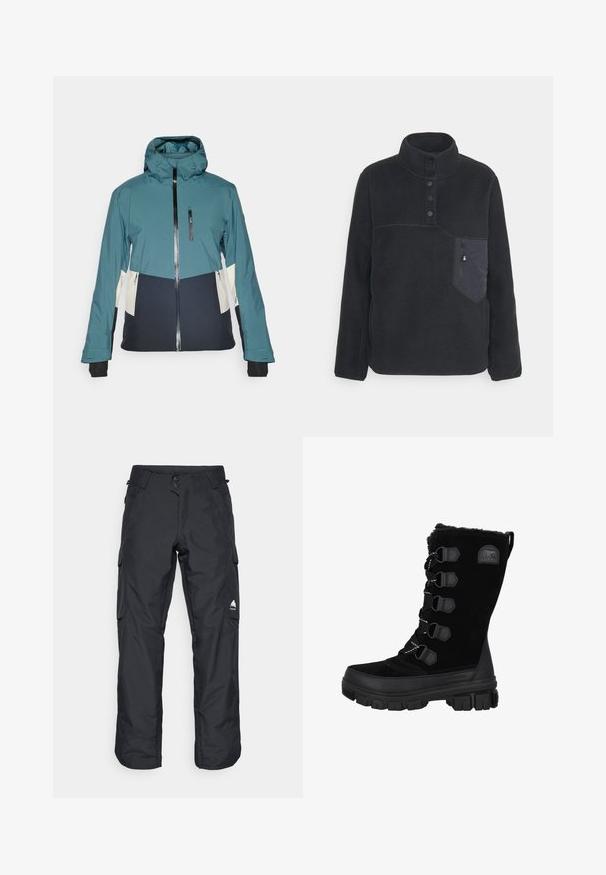 Turkis og sort jakke med en tætsiddende hætte, lynlås lukning og lynlåslommer. Har kontrasterende cremefarvede paneler og elastiske manchetter.; Sort fleece pullover med høj krave, fire-knaps placket og lynlåslomme på venstre bryst. Har kontrasterende syninger og en blød tekstur.; Sorte vandtætte snebukser med løs pasform, der har to sidelommer, en cargo-lomme på låret og et logo på underbenet.; Sorte vandtætte vinterstøvler med overdel i ruskind, pelskrave og gummisål. Har snørebåndsdesign med hexagonale snørehuller og logo-patch.