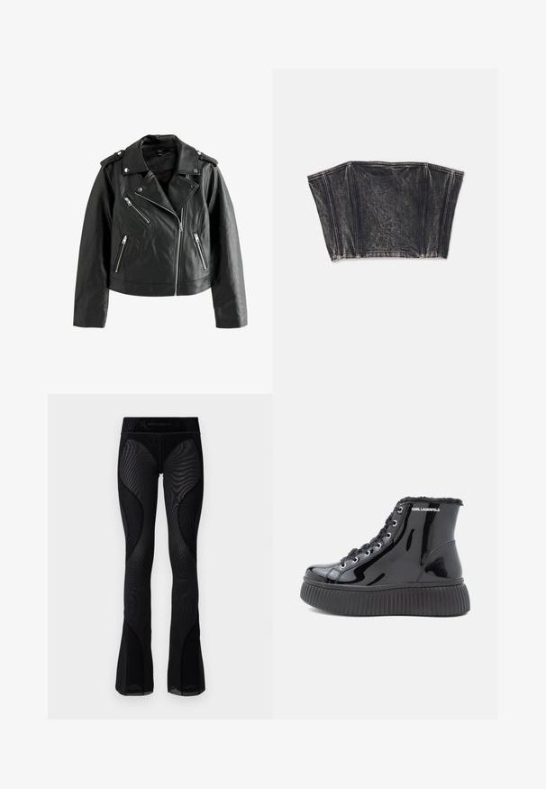 Sort læder bikerjakke med sølvhardware, asymmetrisk lynlås og skulderepauletter. Glat tekstur med en tætsiddende pasform.; Sort denim bustier med struktureret design, der har lodrette sømme og en tætsiddende, cropped form. Tekstureret overflade med subtil fading.; Sorte mesh flared leggings med tekstureret detaljering og mønstrede indsæt. Har en høj talje med brandlogo øverst.; Sorte patentlæder ankelstøvler med en tekstureret platformssål, pelsfor og metaløjer. Branding på siden.
