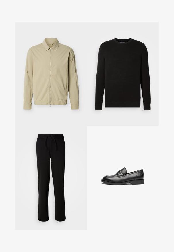 Beige letvægtsjakke med lange ærmer, krave og en sølvfarvet lynlås i fuld længde foran mod en hvid baggrund.; Sort strikfanget crew-neck sweater med lange ærmer, tekstureret stof, ribbede manchetter og kant, med et lille logo på brystet.; Sorte sweatpants med snor i taljen, lavet af blødt og strækbart stof. Har en afslappet pasform med lige ben og uden synlige lommer.; Sorte læder loafers har en rund tå, en stikning hen over toppen og en lav, flad gummisål. Glat tekstur uden synlige mønstre.