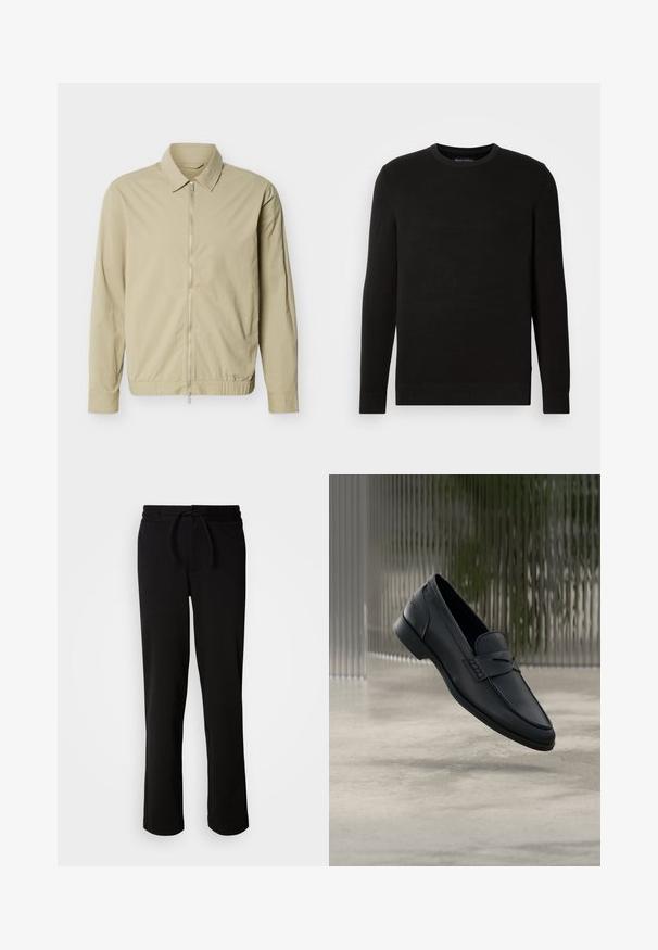 Beige letvægtsjakke med lange ærmer, krave og en sølvfarvet lynlås i fuld længde foran mod en hvid baggrund.; Sort strikfanget crew-neck sweater med lange ærmer, tekstureret stof, ribbede manchetter og kant, med et lille logo på brystet.; Sorte sweatpants med snor i taljen, lavet af blødt og strækbart stof. Har en afslappet pasform med lige ben og uden synlige lommer.; Sort læderloafer med glat finish, spids tå og sømdetaljer over vristen. Lav hæl og minimalistisk design.