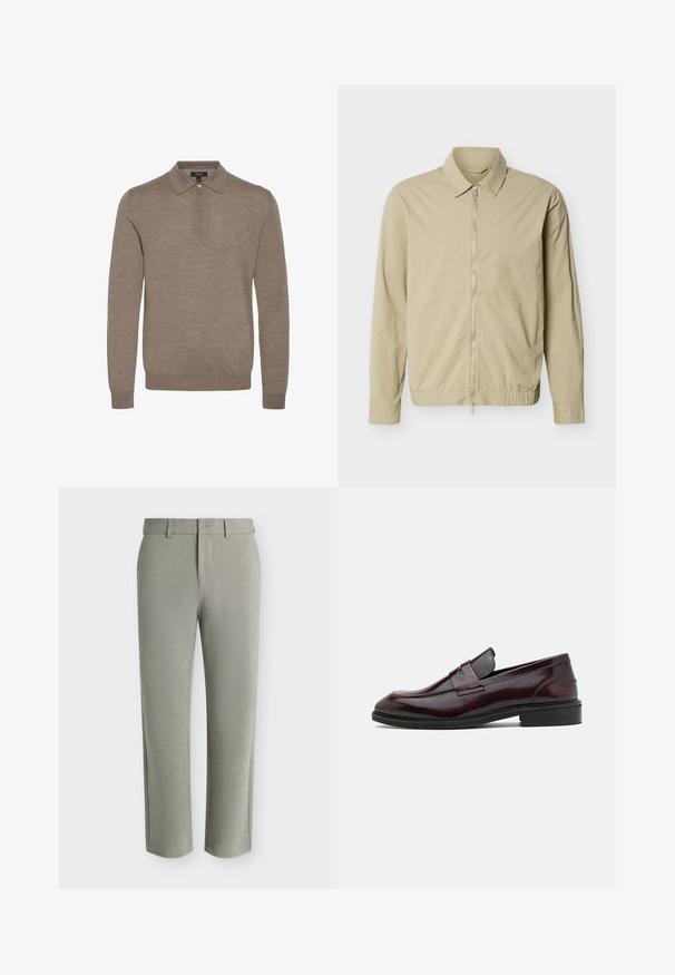 Chaqueta ligera de color beige con mangas largas, cuello y cremallera plateada de largo completo en la parte delantera sobre un fondo blanco.; Suéter marrón claro con cuello con cremallera, mangas largas y una textura suave, hecho de un material de punto fino.; Pantalones de vestir de pierna recta de color gris claro con cierre de botón y presillas para cinturón, exhibidos sobre un fondo liso.; Mocasines de cuero burdeos con un acabado suave, acento frontal rectangular y punta redondeada, con una suela de goma negra.
