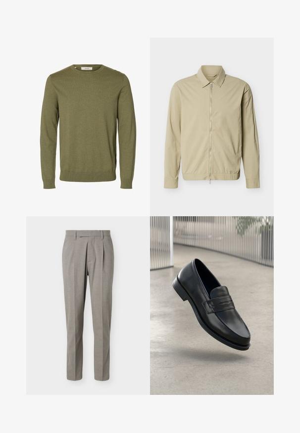 Veste légère beige à manches longues, col, et fermeture éclair argentée sur toute la longueur à l'avant, sur fond blanc.; Pull vert olive à manches longues avec col rond, poignets et bas-côtes côtelés, tissu en maille unie, et une étiquette de marque « Selected » à l'intérieur du col.; Pantalon gris clair sur mesure à jambes droites, passants pour ceinture, plis avant et taille nette sur fond blanc.; Mocassin en cuir noir à texture lisse, bout pointu et bande décorative sur le cou-de-pied. Semelle légère, design minimaliste.