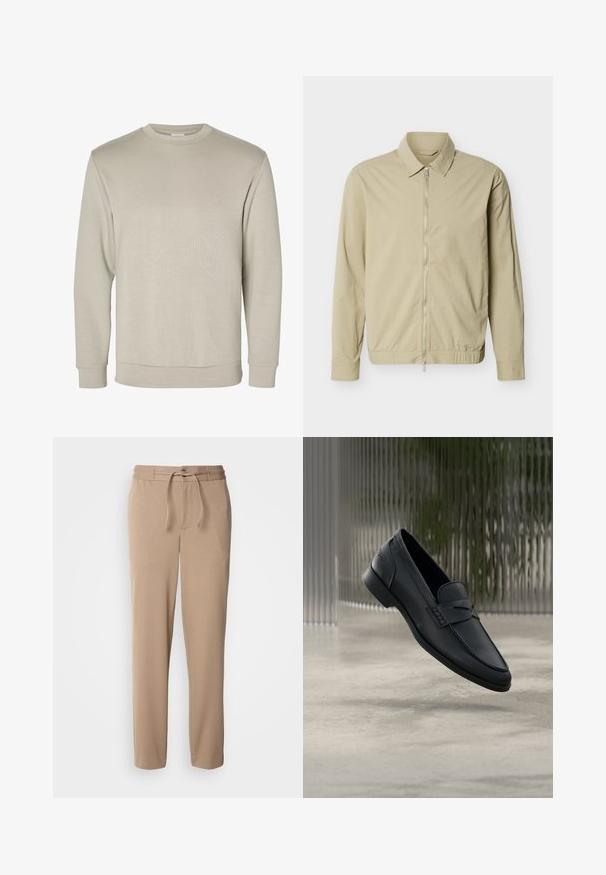 Beige letvægtsjakke med lange ærmer, krave og en sølvfarvet lynlås i fuld længde foran mod en hvid baggrund.; Beige langærmet sweatshirt med rund halsudskæring, ribkant ved ærmer og bund, vist på hvid baggrund.; Beige sweatpants lavet af blød bomuld, med elastisk talje, snor i livet, slim fit og lige ben uden mønstre.; Sort læderloafer med glat finish, spids tå og sømdetaljer over vristen. Lav hæl og minimalistisk design.