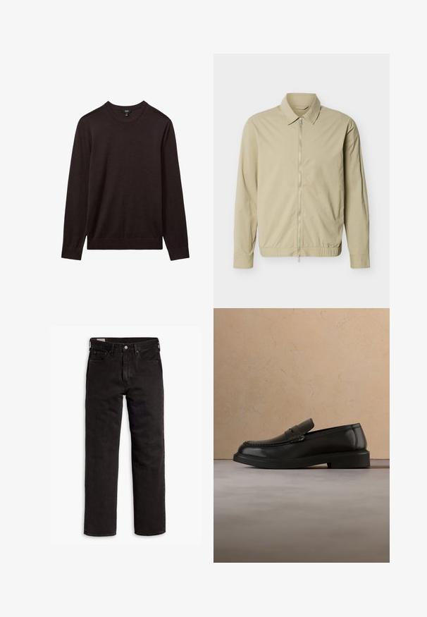 Veste légère beige à manches longues, col, et fermeture éclair argentée sur toute la longueur à l'avant, sur fond blanc.; Reiss REISS - Pullover - dark bordeaux; Jean en denim noir à jambes droites avec cinq poches, fermeture à bouton et passants de ceinture, posés à plat sur un fond blanc.; Mocassin en cuir noir flottant au-dessus d'un tapis tissé beige avec une table ronde en bois et un canapé en arrière-plan.