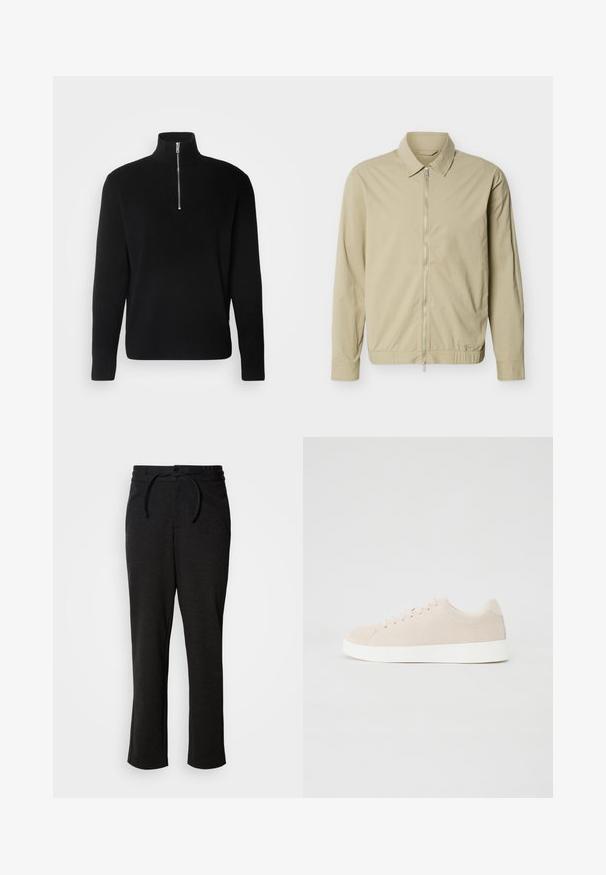 Beige leichte Jacke mit langen Ärmeln, einem Kragen und einem durchgehenden silbernen Reißverschluss vorne vor weißem Hintergrund.; Lindbergh HALF ZIP RIB KNIT - Strickpullover - black; Schwarze Strickhose mit einem Kordelzugbund, geradem Bein und Seitentaschen. Weiche Textur mit glatter Oberfläche.; Beige Wildlederschuhe mit weißen Gummisohlen, runder Zehenform und sechs Ösen für die Schnürsenkel. Glatte Textur mit minimalistischem Design.