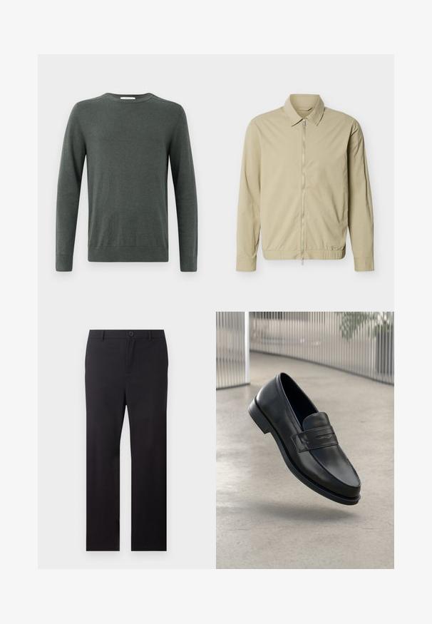 Chaqueta ligera de color beige con mangas largas, cuello y cremallera plateada de largo completo en la parte delantera sobre un fondo blanco.; Suéter de manga larga verde oscuro, hecho de un tejido suave y texturizado, con cuello redondo y puños y dobladillo acanalados. Diseño simple y clásico.; Pantalones negros de pierna recta con trabillas para cinturón y cierre frontal de botón sobre fondo blanco.; Mocasín de cuero negro con textura suave, punta puntiaguda y una correa decorativa a lo largo del empeine. Suela ligera, diseño minimalista.