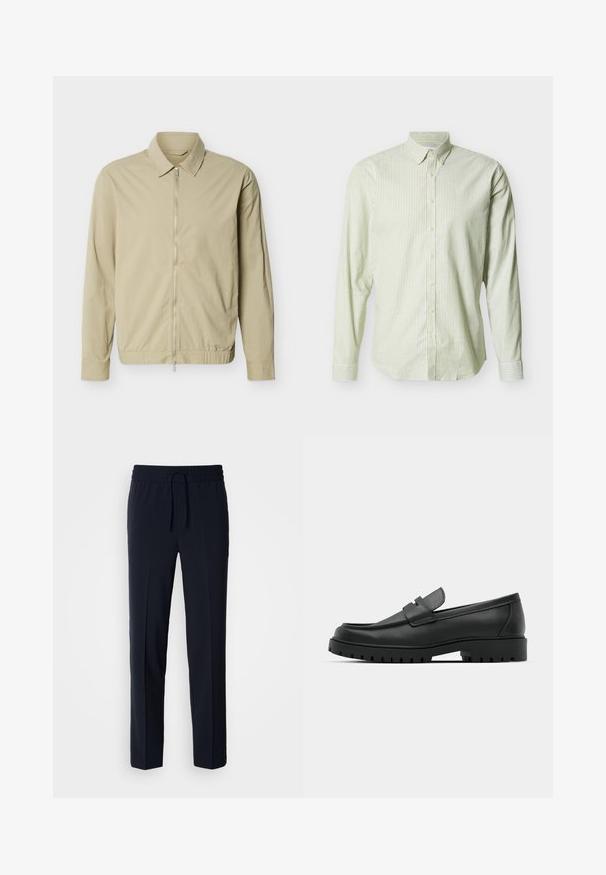 Veste légère beige à manches longues, col, et fermeture éclair argentée sur toute la longueur à l'avant, sur fond blanc.; Chemise à manches longues boutonnée avec des rayures verticales vert clair et blanches, col boutonné, sur un fond uni.; Pantalons légers bleu marine avec une taille élastique et un cordon de serrage réglable, présentant un design coupe droite et une texture lisse.; Mocassins en cuir noir à bout arrondi, avec un design cousu, une semelle plateforme basse et une semelle en caoutchouc texturée et crantée.