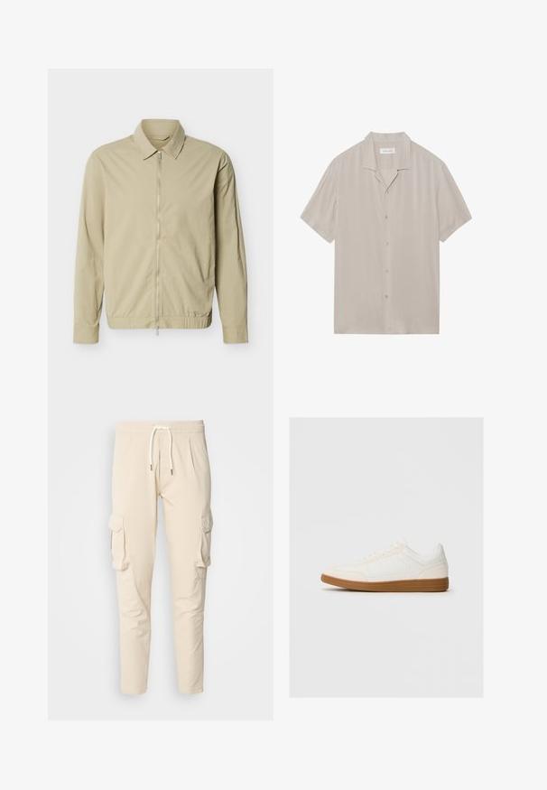 Beige letvægtsjakke med lange ærmer, krave og en sølvfarvet lynlås i fuld længde foran mod en hvid baggrund.; Kortærmet, button-up skjorte i lys beige stof med en glat tekstur, spidse kraver og lige kant.; Beige cargo bukser med elastisk talje og snoretræk. Har to sidelommer og tapered ben-design. Glat tekstur.; Hvide sneakers med en ruskind tåspids, glat syntetisk overdel og tan gummisål. Har perforeringer på siderne for åndbarhed.