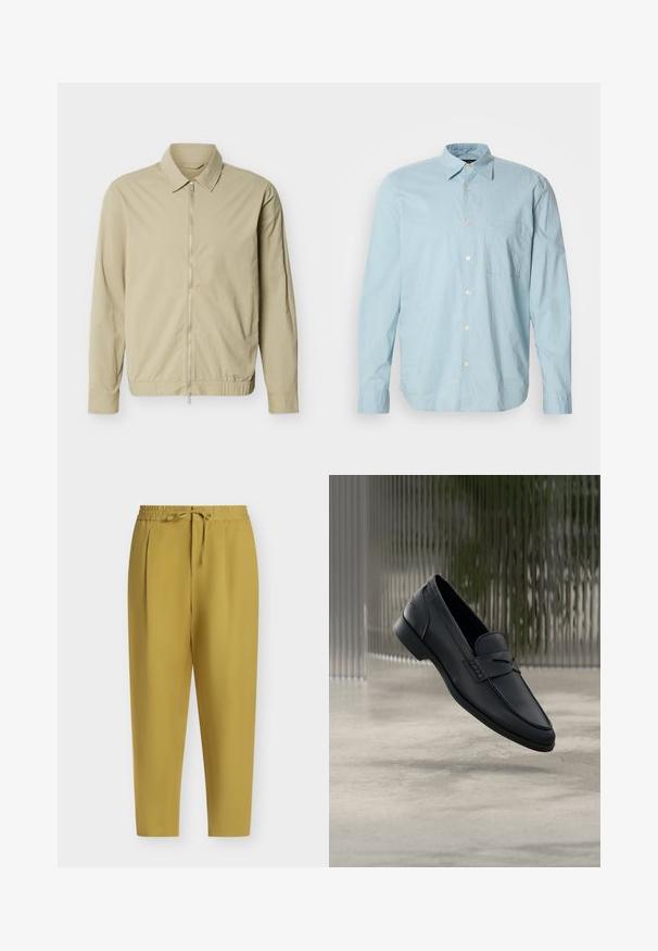 Veste légère beige à manches longues, col, et fermeture éclair argentée sur toute la longueur à l'avant, sur fond blanc.; Chemise à manches longues à carreaux bleu clair avec un col boutonné, une poche poitrine et des boutons blancs. Fabriquée dans un tissu lisse.; Pantalon jaune moutarde fuselé avec taille élastique et cordon, plis devant et coupe longueur cheville.; Mocassin en cuir noir à finition lisse, bout pointu et détails cousus sur le dessus. Talon bas et design minimaliste.