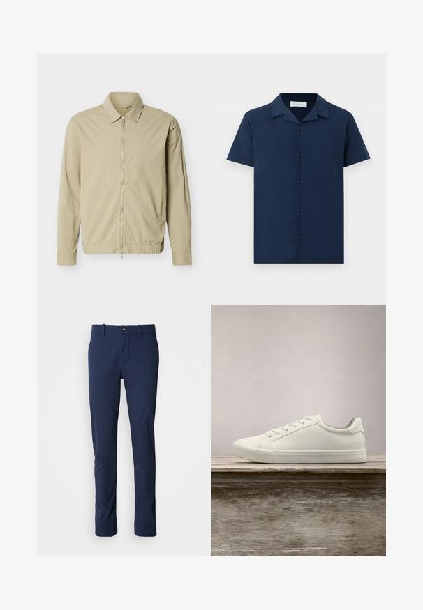 Chaqueta ligera de color beige con mangas largas, cuello y cremallera plateada de largo completo en la parte delantera sobre un fondo blanco.; Camisa azul marino de manga corta con botones, cuello campestre y cinco botones delanteros, mostrada sobre un fondo blanco liso.; Pantalones azul marino de tela suave, con un diseño de pierna recta, cierre de cremallera y un único bolsillo frontal con cierre de botón.; Zapatilla blanca con cordones flotando sobre un banco de madera con follaje verde al fondo, mostrando el diseño y la textura del zapato.