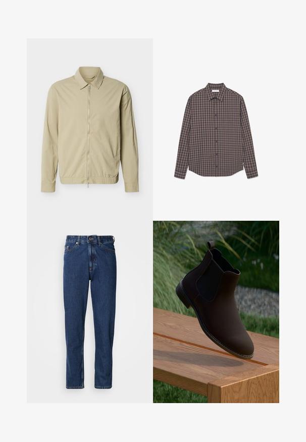 Veste légère beige à manches longues, col, et fermeture éclair argentée sur toute la longueur à l'avant, sur fond blanc.; Chemise à boutons en marron foncé avec un motif à carreaux. Présente un col classique, des manches longues et une poche poitrine.; Jean bleu foncé en denim, avec une coupe droite, style cinq poches et des coutures apparentes le long des coutures.; Botte cheville en cuir marron avec des panneaux élastiques sur les côtés, bout rond, petit talon et une languette pour un enfilage facile, reposant sur une surface en bois.