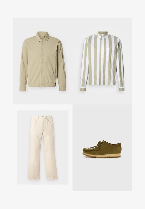 Beige lichtgewicht jack met lange mouwen, een kraag en een zilveren rits van boven tot onder aan de voorkant, tegen een witte achtergrond.; Licht olijfkleurig en wit gestreept shirt met lange mouwen, knoopsluiting, puntkraag en een enkele borstzak. Gemaakt van katoen.; Beige broek met rechte pijpen, voorzakken, riemlussen, knoopsluiting en ritssluiting, weergegeven tegen een effen achtergrond.; Olijfgroene suède schoen met een ronde neus, vetersluiting en een lage, gestructureerde rubberen zool. Minimale stiknaad details langs de rand.