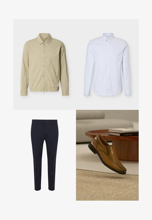 Veste légère beige à manches longues, col, et fermeture éclair argentée sur toute la longueur à l'avant, sur fond blanc.; Chemise pour homme bleu clair à boutons, avec des rayures verticales blanches et fines rouges, manches longues et col boutonné.; Pantalons taillés bleu marine en tissu lisse, avec fermeture par bouton, poches avant et ourlets retournés. Design slim fit avec des lignes épurées.; Chaussure de ville marron en cuir à enfiler flottant au-dessus d'un tapis beige texturé avec une table en bois et un canapé en arrière-plan.