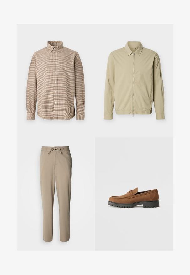 Beige leichte Jacke mit langen Ärmeln, einem Kragen und einem durchgehenden silbernen Reißverschluss vorne vor weißem Hintergrund.; Beige- und braunkariertes Langarm-Hemd mit knopffestem Kragen, auf einem schlichten Hintergrund aus der Frontansicht präsentiert.; Beige Hose aus weichem Stoff, mit einem Tunnelzug an der Taille und einem lockeren Schnitt, geraden Beinen und ohne sichtbare Taschen.; Braune Wildlederslipper mit runder Zehenpartie und einer niedrigen schwarzen Gummisohle, die über einen dekorativen Riemen und Nähte auf dem Obermaterial verfügt.