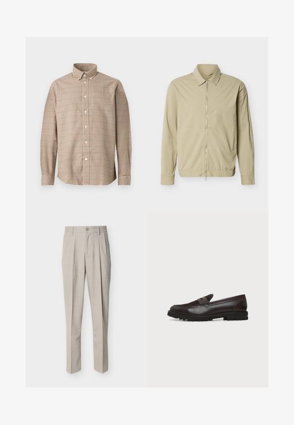 Beige lichtgewicht jack met lange mouwen, een kraag en een zilveren rits van boven tot onder aan de voorkant, tegen een witte achtergrond.; Beige en bruine geruite lange mouwen knoopshirt met een knoop- naar beneden kraag, weergegeven op een effen achtergrond, vooraanzicht.; Beige op maat gemaakte herenkleding met voorplooien, riemlussen, een knoopsluiting en een rechte pijp, afgebeeld tegen een witte achtergrond.; Donkerbruine leren en suède penny loafer met een dikke zwarte rubberen zool, zijaanzicht op een witte achtergrond.