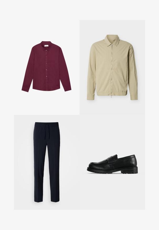 Veste légère beige à manches longues, col, et fermeture éclair argentée sur toute la longueur à l'avant, sur fond blanc.; Chemise à manches longues en bordeaux profond, confectionnée dans un mélange de coton. Elle présente un col classique, une fermeture à boutons sur le devant et un léger éclat.; Pantalons légers bleu marine avec une taille élastique et un cordon de serrage réglable, présentant un design coupe droite et une texture lisse.; Mocassin en cuir noir avec semelle épaisse et couture moc toe, vu de profil sur un fond uni clair.