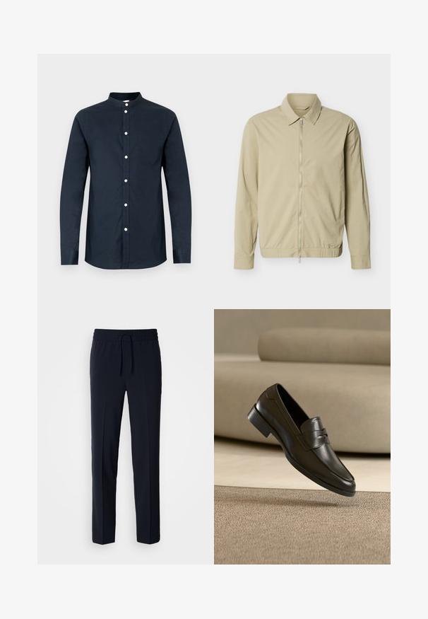 Veste légère beige à manches longues, col, et fermeture éclair argentée sur toute la longueur à l'avant, sur fond blanc.; Chemise pour homme à manches longues de couleur bleu marine foncé, en coton, avec col mao, boutons sur le devant et une poche poitrine gauche. Texture lisse.; Pantalons légers bleu marine avec une taille élastique et un cordon de serrage réglable, présentant un design coupe droite et une texture lisse.; Mocassin en cuir noir flottant au-dessus d'un tapis beige avec un canapé beige en arrière-plan, mettant en valeur le design classique pour hommes sans lacets.