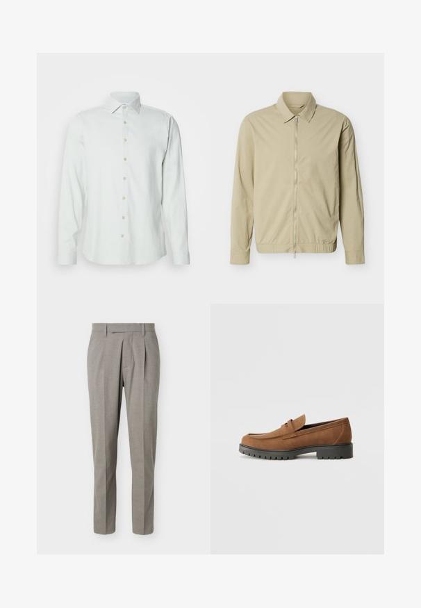 Veste légère beige à manches longues, col, et fermeture éclair argentée sur toute la longueur à l'avant, sur fond blanc.; Chemise longue à manches longues de couleur vert clair en tissu doux. Elle présente un col classique, une patte de boutonnage sur le devant et des poignets boutonnés.; Pantalon gris clair sur mesure à jambes droites, passants pour ceinture, plis avant et taille nette sur fond blanc.; Mocassins en daim marron avec un bout arrondi et une semelle noire en caoutchouc basse, présentant une sangle décorative et des détails de couture sur le dessus.