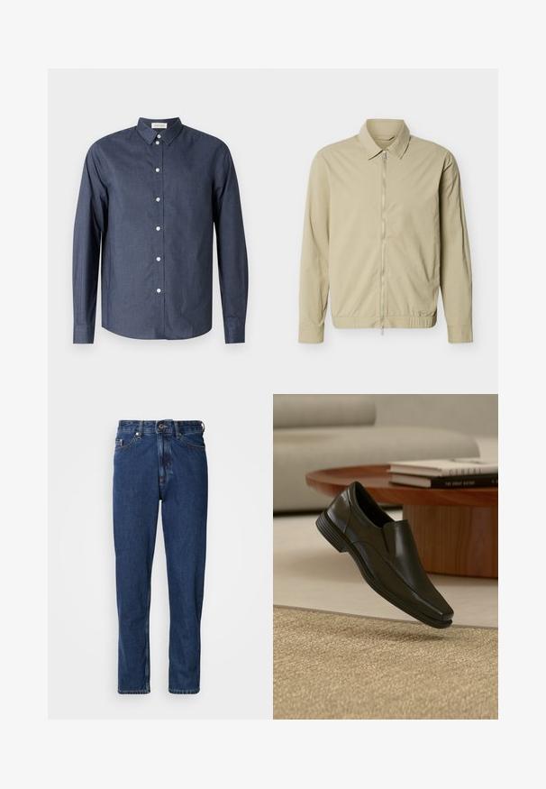 Veste légère beige à manches longues, col, et fermeture éclair argentée sur toute la longueur à l'avant, sur fond blanc.; Chemise boutonnée à manches longues bleu marine en tissu lisse ; elle présente un col classique, des boutons blancs et un ourlet incurvé.; Jean bleu foncé en denim, avec une coupe droite, style cinq poches et des coutures apparentes le long des coutures.; Chaussure habillée noire en cuir sans lacets flottant au-dessus d'un tapis beige tissé, avec une table basse ronde en bois et des livres empilés en arrière-plan.