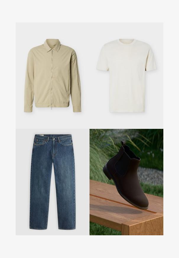 Veste légère beige à manches longues, col, et fermeture éclair argentée sur toute la longueur à l'avant, sur fond blanc.; T-shirt à manches courtes couleur blanc cassé uni avec col rond et logo discret sur le côté gauche de la poitrine, présenté sur un fond blanc uni.; Jean en denim bleu foncé avec une coupe droite, cinq poches, couture visible et fermeture à bouton métallique à la taille. Tissu de poids moyen.; Botte cheville en cuir marron avec des panneaux élastiques sur les côtés, bout rond, petit talon et une languette pour un enfilage facile, reposant sur une surface en bois.