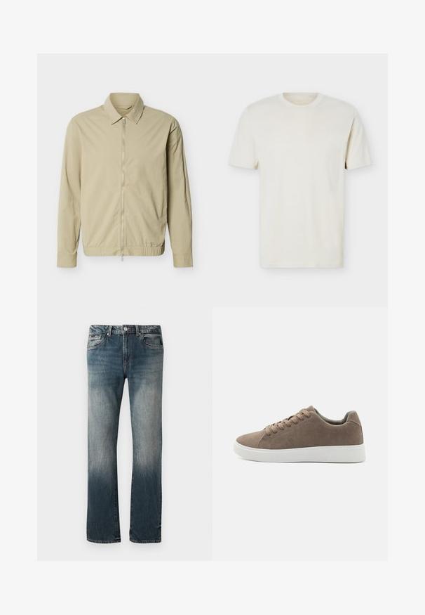 Beige letvægtsjakke med lange ærmer, krave og en sølvfarvet lynlås i fuld længde foran mod en hvid baggrund.; Simpel, off-white T-shirt med korte ærmer og rund hals, med diskret logo på venstre bryst, vist mod en hvid flad baggrund.; Herre lige pasform blå denim jeans med falmet vask og fem-lomme design mod en hvid baggrund.; Brune ruskinds sneakers med flade hvide gummisåler, snørelukning, rund tå og en glat overflade. Minimalistisk stil med diskrete syninger.