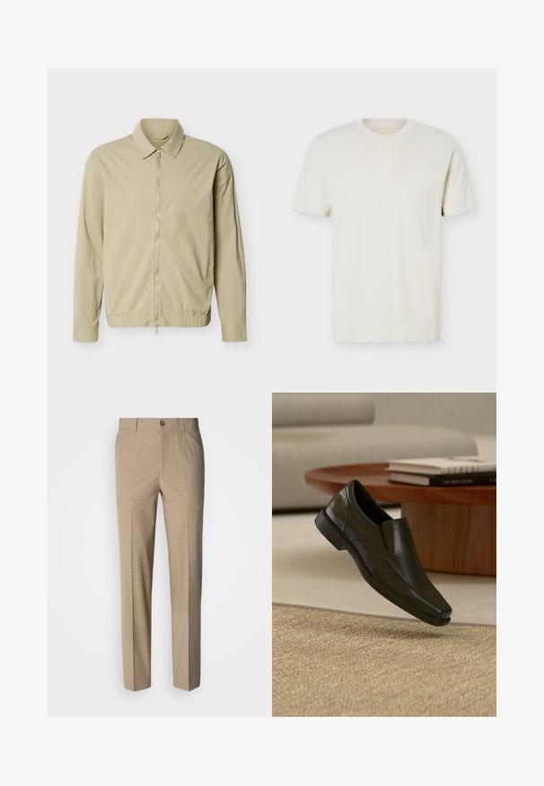 Veste légère beige à manches longues, col, et fermeture éclair argentée sur toute la longueur à l'avant, sur fond blanc.; T-shirt à manches courtes couleur blanc cassé uni avec col rond et logo discret sur le côté gauche de la poitrine, présenté sur un fond blanc uni.; Pantalon beige à motif à carreaux avec une coupe droite, doté d'une fermeture par bouton et d'une texture de tissu lisse.; Chaussure habillée noire en cuir sans lacets flottant au-dessus d'un tapis beige tissé, avec une table basse ronde en bois et des livres empilés en arrière-plan.