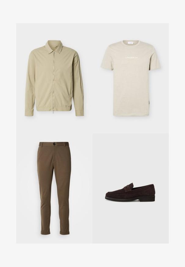 Veste légère beige à manches longues, col, et fermeture éclair argentée sur toute la longueur à l'avant, sur fond blanc.; T-shirt beige à manches courtes et col rond avec « LINDBERGH » imprimé en blanc centré sur la poitrine sur un fond uni.; Pantalon marron ajusté avec une texture lisse, doté d'une fermeture à bouton et de poignets retournés. Conçu avec une coupe slim et des poches fonctionnelles.; Mocassins en daim marron avec une silhouette basse et un embout arrondi. Présentent une sangle décorative sur le dessus, une semelle en caoutchouc plate et sans couture visible.