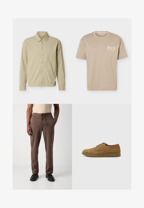 Beige letvægtsjakke med lange ærmer, krave og en sølvfarvet lynlås i fuld længde foran mod en hvid baggrund.; Beige kortærmet T-shirt med rund halsudskæring med små insektgrafikker og "Marc O'Polo" logo på venstre bryst.; Mand iført brune snørebukser og sorte sko, stående mod en ensfarvet hvid baggrund.; Brun ruskindslærredsko med snørebånd og flad gummisål, set fra siden på en ensfarvet lys baggrund.