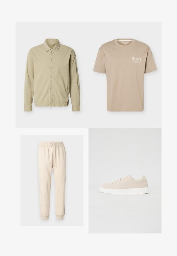 Veste légère beige à manches longues, col, et fermeture éclair argentée sur toute la longueur à l'avant, sur fond blanc.; T-shirt beige à manches courtes avec col rond, présentant de petits motifs d'insectes et le logo "Marc O'Polo" sur la poitrine gauche.; Pantalon de jogging beige avec une taille élastique, un cordon de serrage, des poches latérales et des poignets côtelés.; Baskets en daim beige avec semelles en caoutchouc blanc, bout rond et six œillets pour les lacets. Texture lisse avec un design minimaliste.