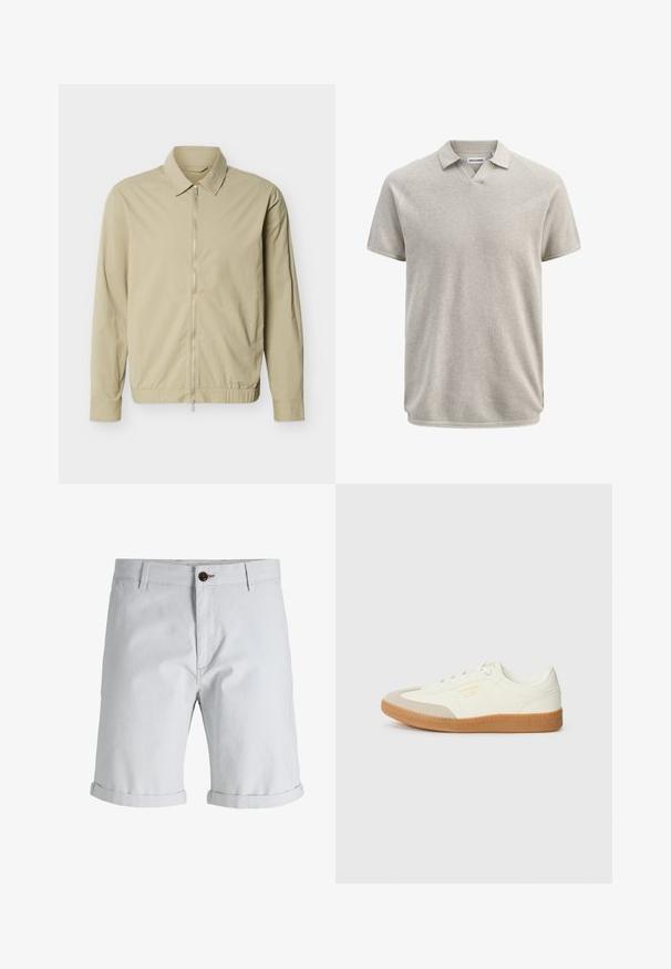 Veste légère beige à manches longues, col, et fermeture éclair argentée sur toute la longueur à l'avant, sur fond blanc.; Polo beige texturé à manches courtes avec col et légère ouverture en V, portant l'étiquette Jack & Jones.; Short gris clair longueur genou avec ourlets retroussés, passants pour ceinture, poches latérales et fermeture par bouton marron à la taille.; Baskets en cuir blanc avec une coque beige et une semelle en caoutchouc marron clair. Dotées de lacets blancs plats et d'un logo embossé sur le côté.
