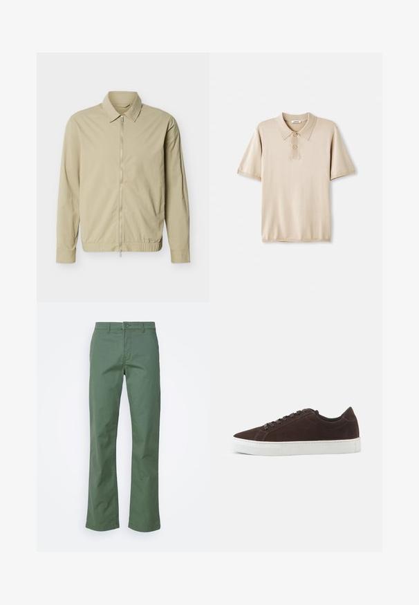 Chaqueta ligera de color beige con mangas largas, cuello y cremallera plateada de largo completo en la parte delantera sobre un fondo blanco.; Camiseta polo beige con cuello y tapeta de tres botones. Mangas cortas, textura suave y dobladillo recto. Diseño minimalista.; Pantalones de algodón verdes con un diseño de pierna recta, que cuentan con un cierre frontal de botón y bolsillos laterales. Textura suave y sin patrones.; Zapatilla baja de ante marrón oscuro con cordones a juego y suela gruesa de goma blanca, mostrada de lado sobre un fondo liso.