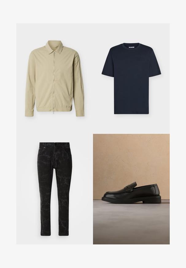 Beige letvægtsjakke med lange ærmer, krave og en sølvfarvet lynlås i fuld længde foran mod en hvid baggrund.; Mørkeblå kortærmet t-shirt med rund hals og diskret tekstdetalje på brystet, vist på en enkel lys baggrund.; Sorte denim jeans med et marmor mønster, lige ben design, fem-lomme stil og en knaplukning i taljen.; Sort læderloafer svæver over et beige flettet tæppe med et rundt træbord og en sofa i baggrunden.