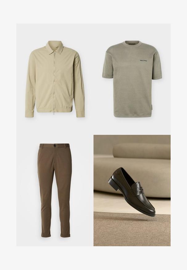 Beige letvægtsjakke med lange ærmer, krave og en sølvfarvet lynlås i fuld længde foran mod en hvid baggrund.; Lyse olivengrøn kortærmet strikket T-shirt med rund halsudskæring og lille sort "Marc O'Polo" logo på venstre bryst.; Brune skræddersyede bukser med en glat tekstur, der har en knaplukning og rullede manchetter. Designet med en slim fit og funktionelle lommer.; Sort lædersko med slip-on design, svævende over beige tæppe med beige sofa i baggrunden, der fremhæver klassisk herrestil.