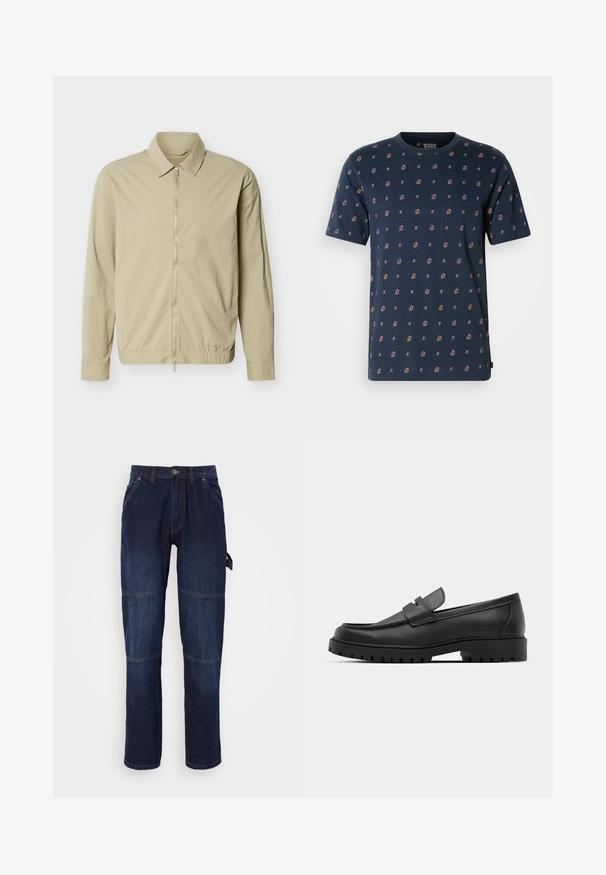 Veste légère beige à manches longues, col, et fermeture éclair argentée sur toute la longueur à l'avant, sur fond blanc.; T-shirt bleu marine à manches courtes en coton doux, présentant un motif répété de fleurs colorées et d'étoiles, avec un col rond et une coupe décontractée.; Pantalon en denim bleu foncé avec une coupe droite. Comprend des poches latérales, une fermeture à bouton, et des coutures contrastées au niveau des genoux.; Mocassins en cuir noir à bout arrondi, avec un design cousu, une semelle plateforme basse et une semelle en caoutchouc texturée et crantée.