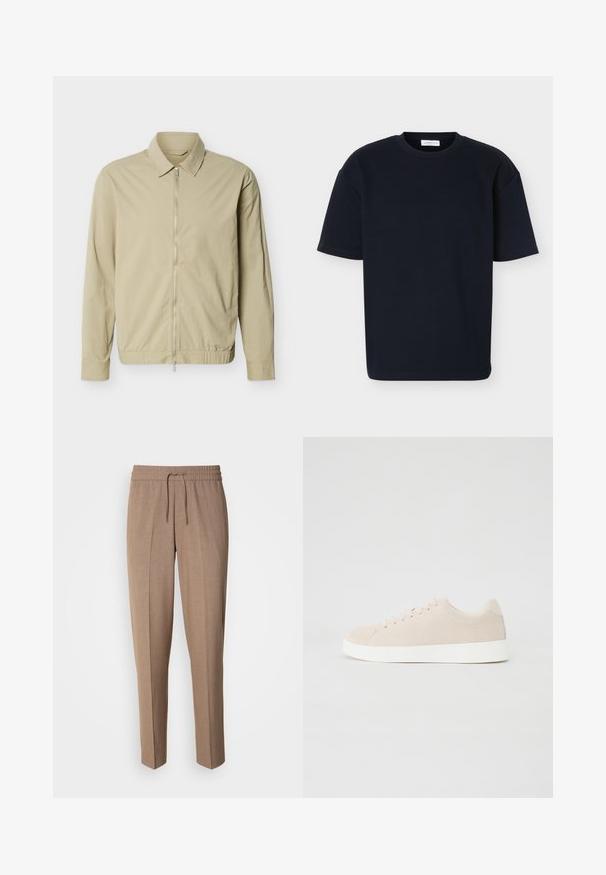 Beige leichte Jacke mit langen Ärmeln, einem Kragen und einem durchgehenden silbernen Reißverschluss vorne vor weißem Hintergrund.; Schwarzes T-Shirt mit kurzen Ärmeln und Rundhalsausschnitt, lockerer Passform und dezent texturiertem Stoff, auf einem schlichten hellen Hintergrund präsentiert.; Braune, gewebte Stoffhose mit lockerer Passform, Kordelzugbund und vorderen Falten. Gerade Beine und keine sichtbaren Taschen oder Befestigungen.; Beige Wildlederschuhe mit weißen Gummisohlen, runder Zehenform und sechs Ösen für die Schnürsenkel. Glatte Textur mit minimalistischem Design.